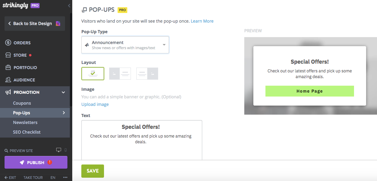settings of a pop-up on a Strikingly website settings of a pop-up on a Strikingly website